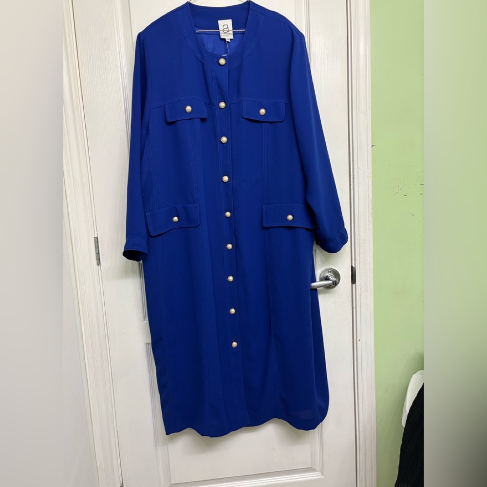 Antels Elegant Blue Button-Down 3/4 Sleeve Polyester Pearl Buttons Maxi Dress 20